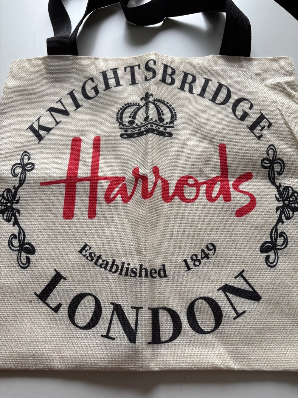 Cream Canvas Tote with Red Logo and Black Print